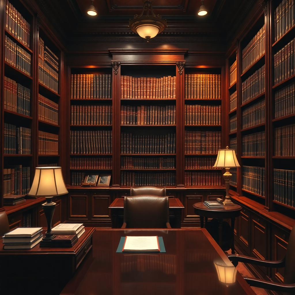 elegant law office interior with mahogany bookshelves filled with legal books, dark wood desk, professional atmosphere, cinematic lighting