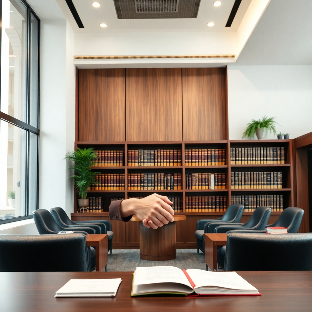 Professional corporate law office with law books, modern courtroom interior, legal documents, and professional handshake