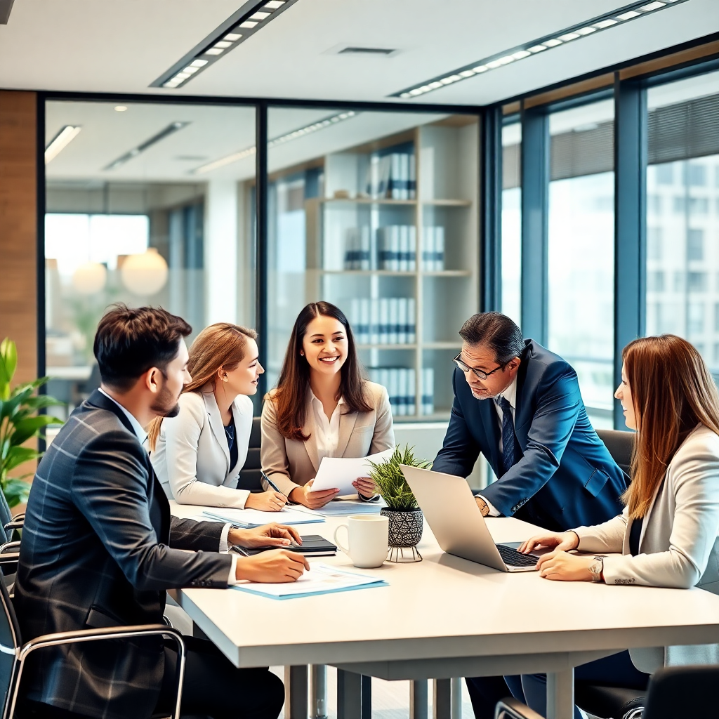 Diverse legal team collaboration in modern law office